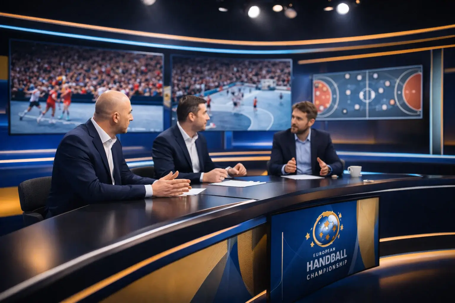 Ekspertpanel analyserer EM-håndboldkamp i tv-studie
