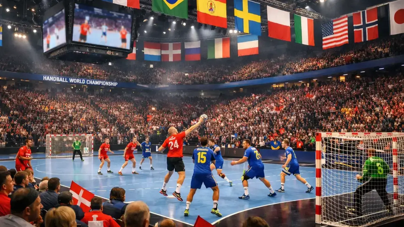 International håndboldturnering med flag fra forskellige nationer