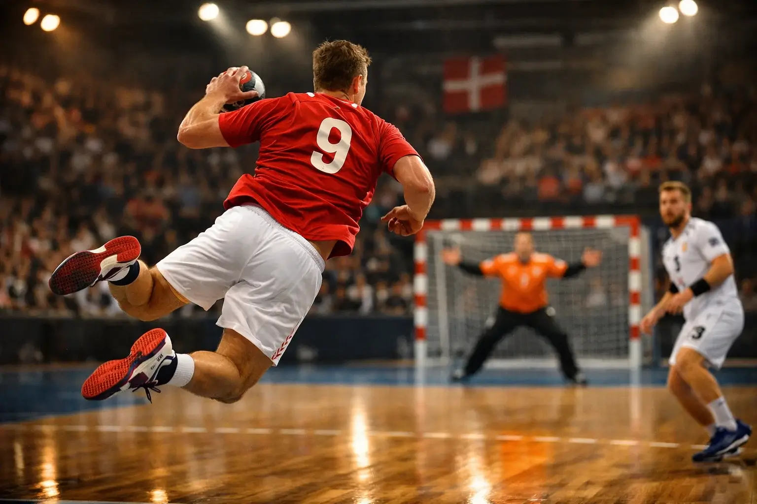 Intens håndboldkamp i dansk arena med passionerede tilskuere