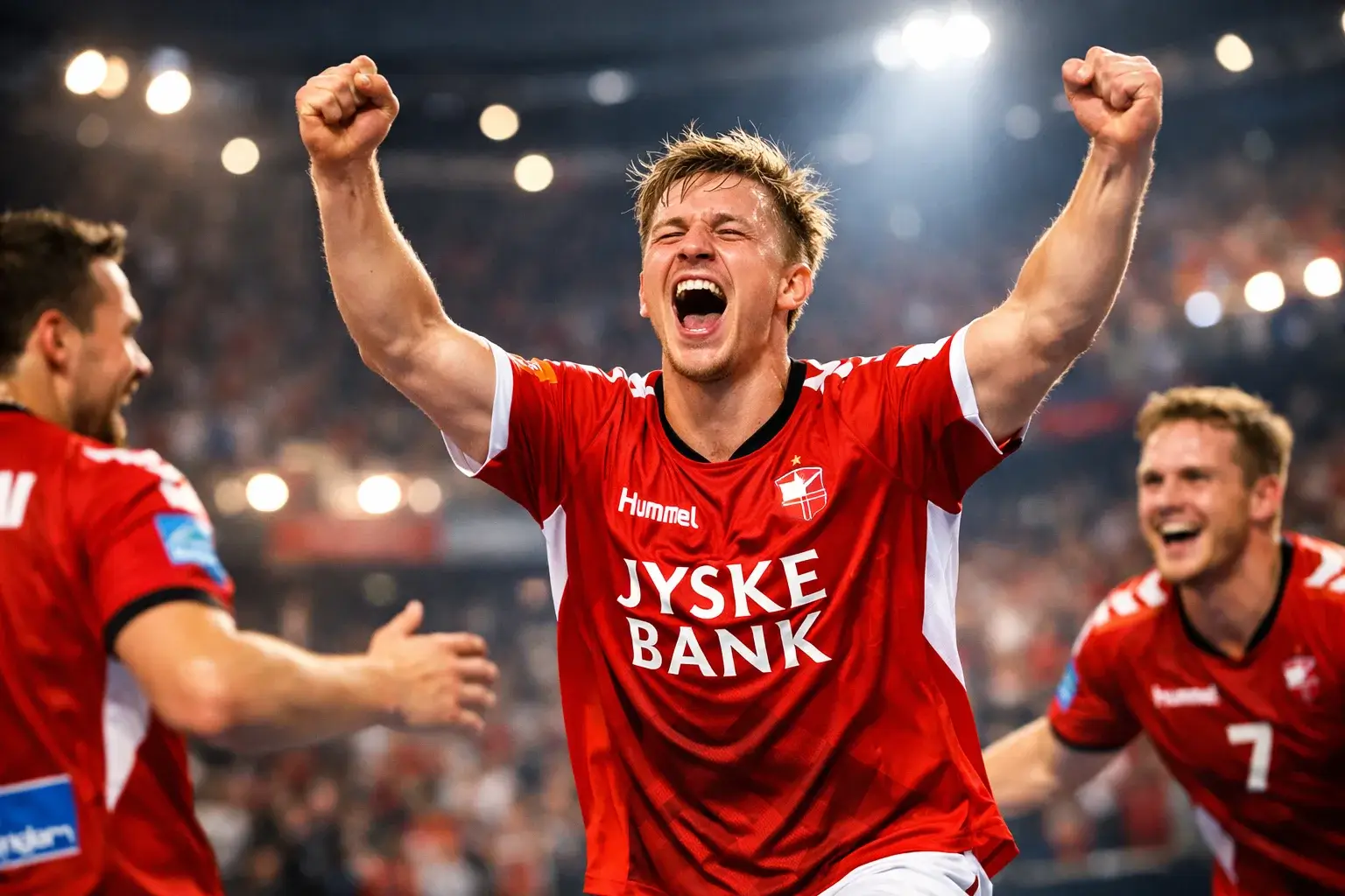 Ung talentfuld håndboldspiller fejrer scoring i Herreligaen
