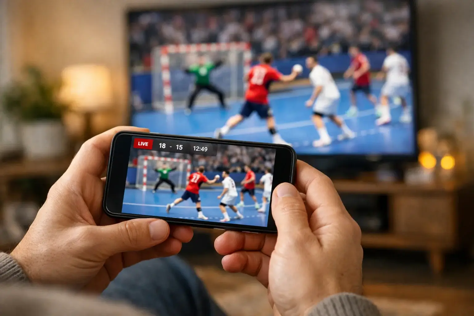 Person der følger håndboldkamp live på smartphone med betting-app