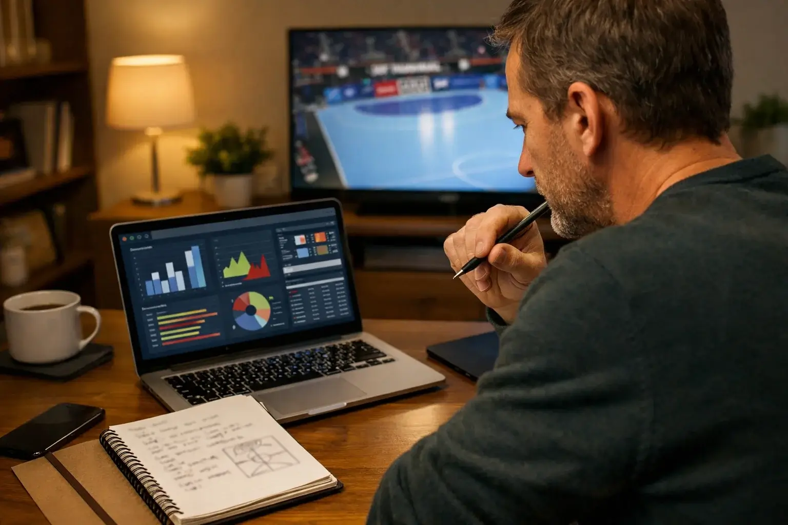 Person der analyserer håndboldstatistik på laptop før kamp